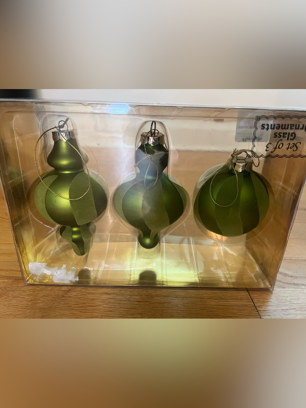 3 Holiday Matte flocked Green Glass Ornament Set -